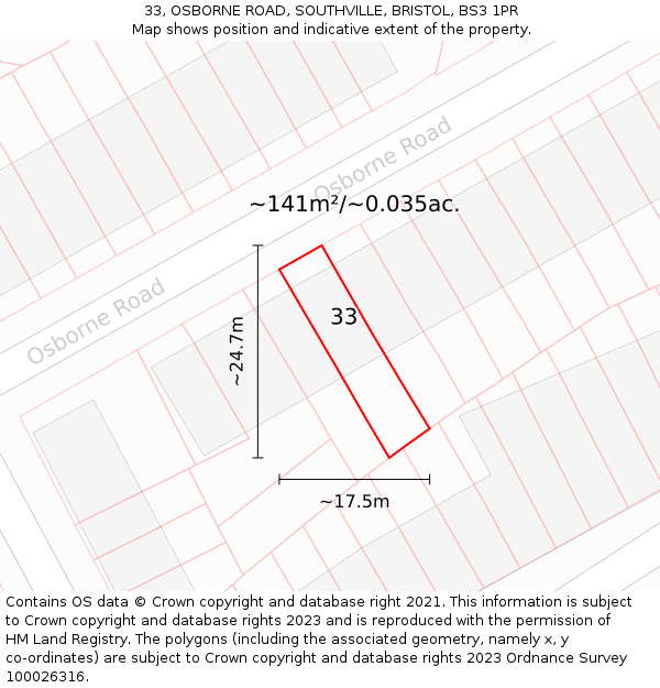 33, OSBORNE ROAD, SOUTHVILLE, BRISTOL, BS3 1PR: Plot and title map