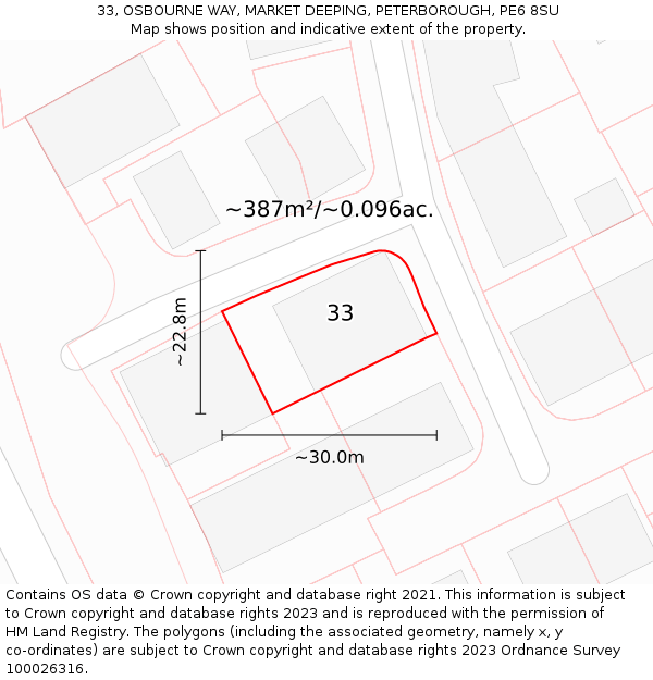 33, OSBOURNE WAY, MARKET DEEPING, PETERBOROUGH, PE6 8SU: Plot and title map