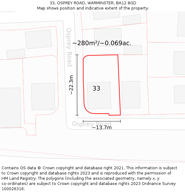 33, OSPREY ROAD, WARMINSTER, BA12 8GD: Plot and title map