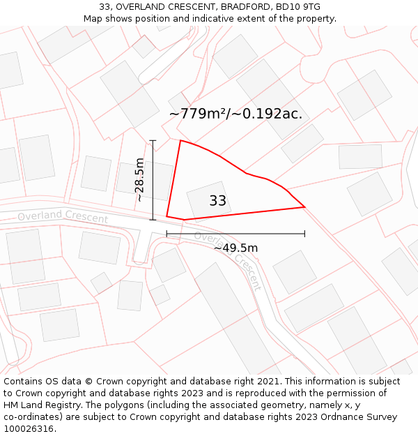 33, OVERLAND CRESCENT, BRADFORD, BD10 9TG: Plot and title map