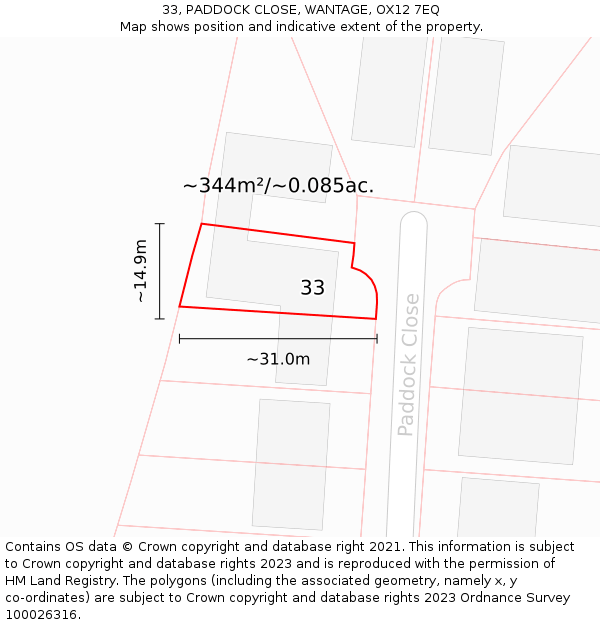33, PADDOCK CLOSE, WANTAGE, OX12 7EQ: Plot and title map