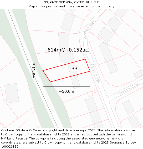 33, PADDOCK WAY, OXTED, RH8 0LG: Plot and title map