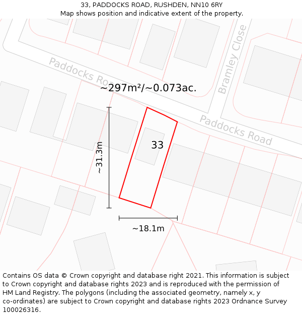 33, PADDOCKS ROAD, RUSHDEN, NN10 6RY: Plot and title map