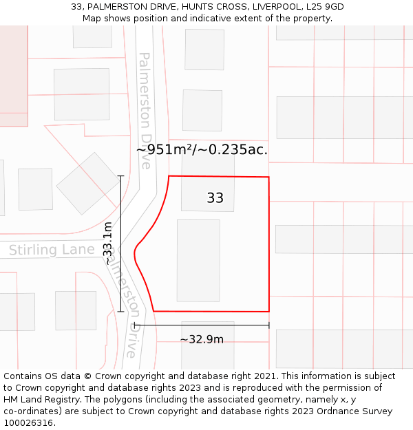 33, PALMERSTON DRIVE, HUNTS CROSS, LIVERPOOL, L25 9GD: Plot and title map