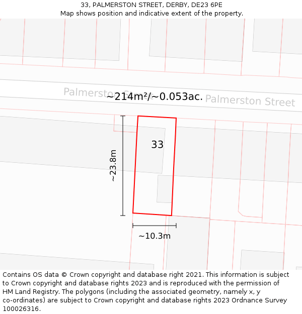 33, PALMERSTON STREET, DERBY, DE23 6PE: Plot and title map