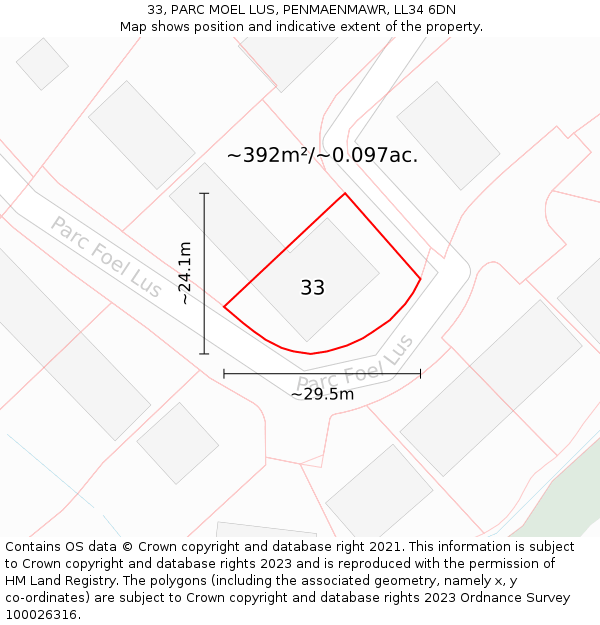33, PARC MOEL LUS, PENMAENMAWR, LL34 6DN: Plot and title map