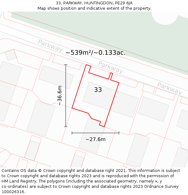 33, PARKWAY, HUNTINGDON, PE29 6JA: Plot and title map