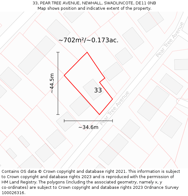 33, PEAR TREE AVENUE, NEWHALL, SWADLINCOTE, DE11 0NB: Plot and title map