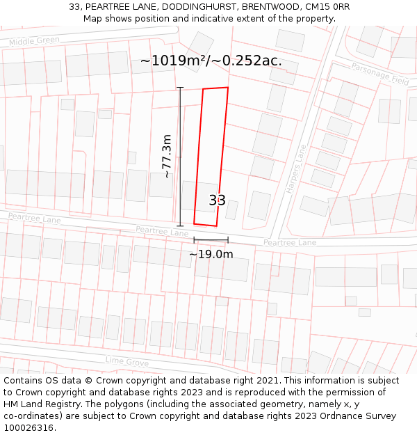 33, PEARTREE LANE, DODDINGHURST, BRENTWOOD, CM15 0RR: Plot and title map