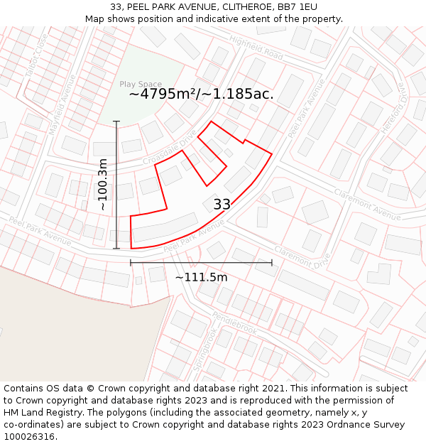 33, PEEL PARK AVENUE, CLITHEROE, BB7 1EU: Plot and title map