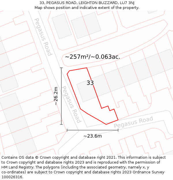 33, PEGASUS ROAD, LEIGHTON BUZZARD, LU7 3NJ: Plot and title map