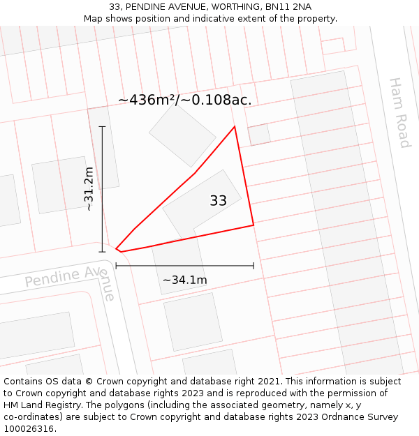 33, PENDINE AVENUE, WORTHING, BN11 2NA: Plot and title map