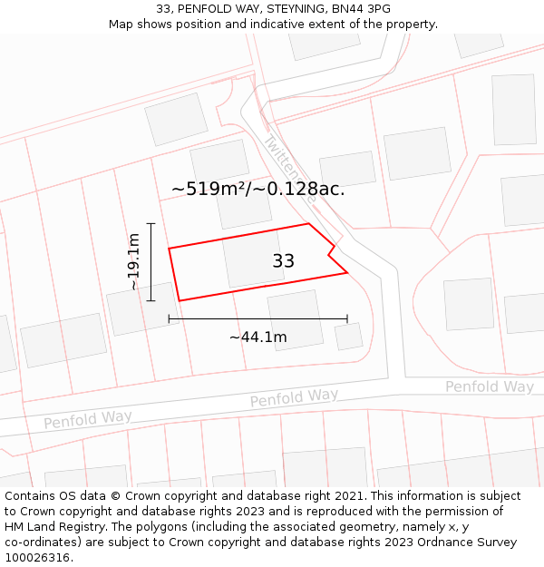 33, PENFOLD WAY, STEYNING, BN44 3PG: Plot and title map