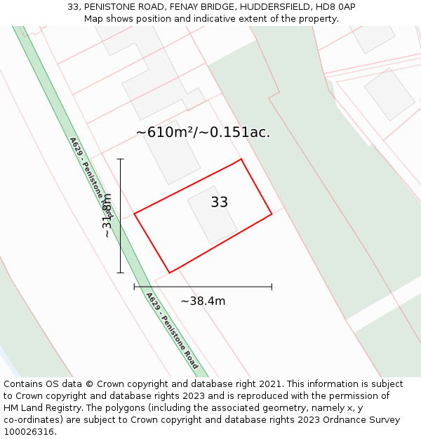 33, PENISTONE ROAD, FENAY BRIDGE, HUDDERSFIELD, HD8 0AP: Plot and title map