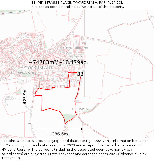 33, PENSTRASSE PLACE, TYWARDREATH, PAR, PL24 2QL: Plot and title map