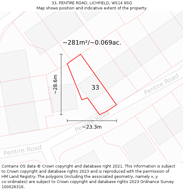 33, PENTIRE ROAD, LICHFIELD, WS14 9SG: Plot and title map