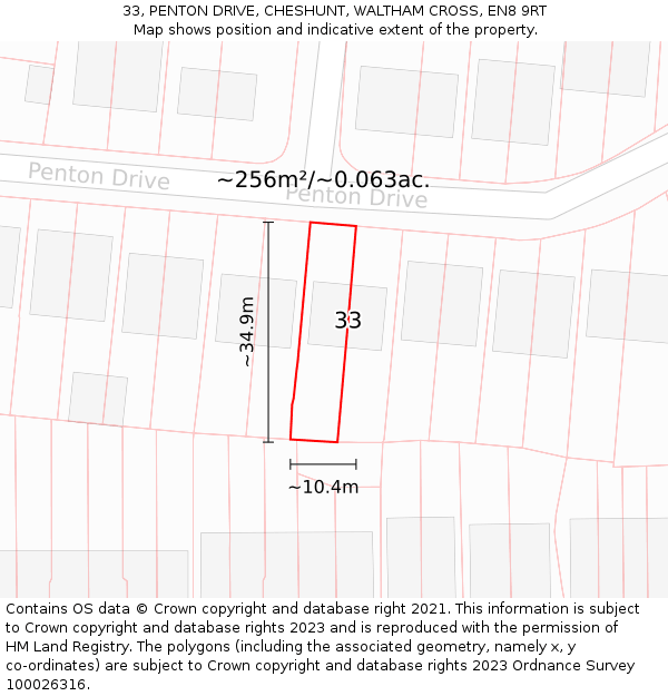 33, PENTON DRIVE, CHESHUNT, WALTHAM CROSS, EN8 9RT: Plot and title map