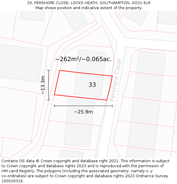 33, PERSHORE CLOSE, LOCKS HEATH, SOUTHAMPTON, SO31 6UF: Plot and title map