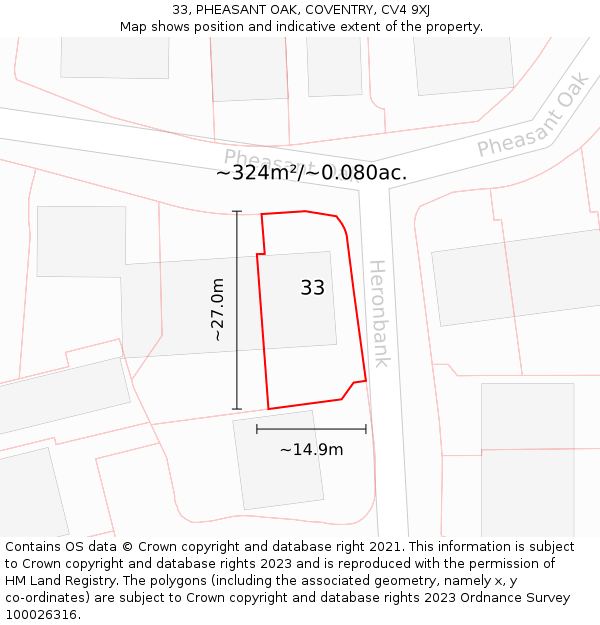 33, PHEASANT OAK, COVENTRY, CV4 9XJ: Plot and title map