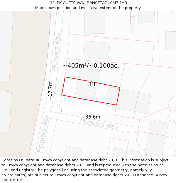33, PICQUETS WAY, BANSTEAD, SM7 1AB: Plot and title map