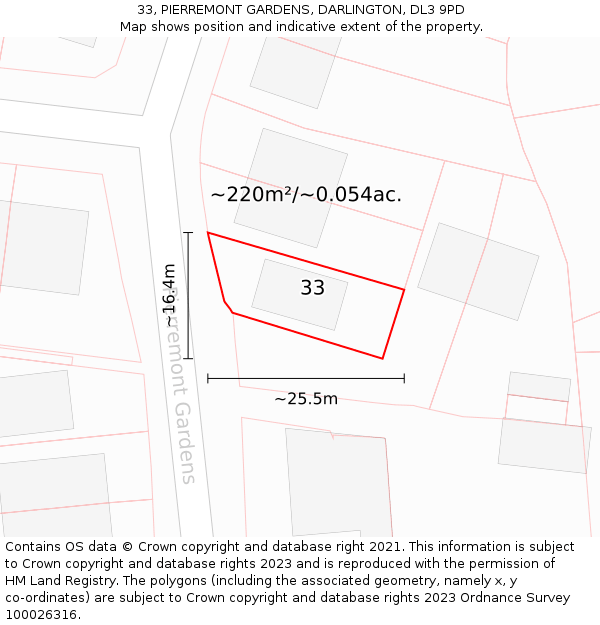 33, PIERREMONT GARDENS, DARLINGTON, DL3 9PD: Plot and title map