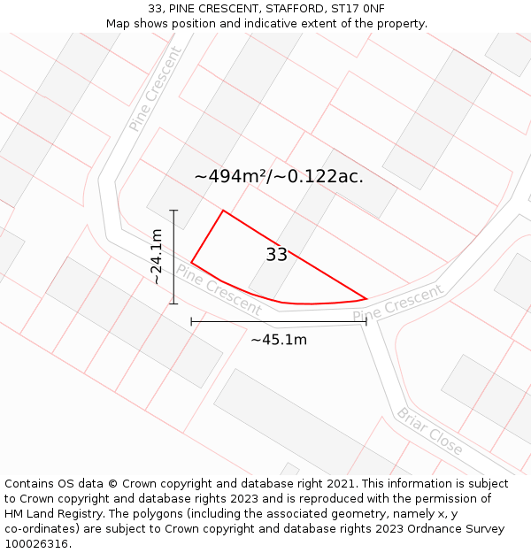 33, PINE CRESCENT, STAFFORD, ST17 0NF: Plot and title map