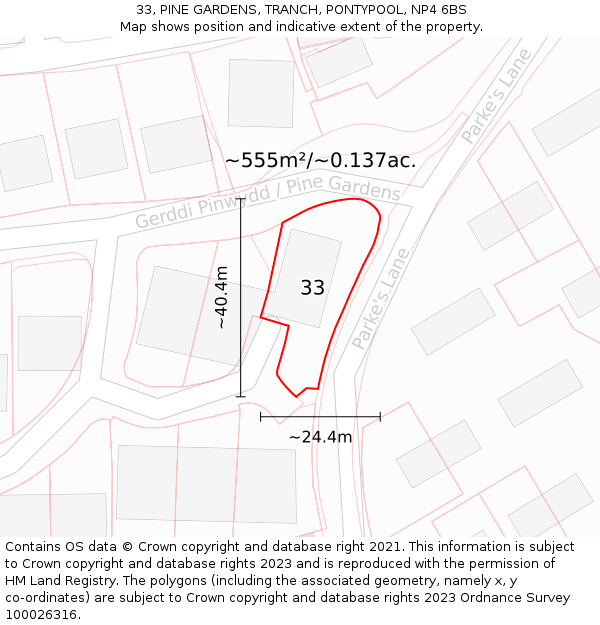 33, PINE GARDENS, TRANCH, PONTYPOOL, NP4 6BS: Plot and title map