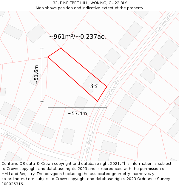 33, PINE TREE HILL, WOKING, GU22 8LY: Plot and title map