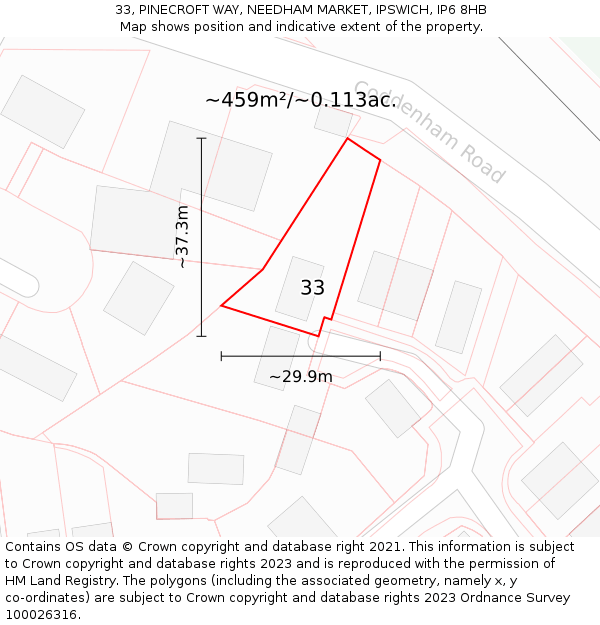 33, PINECROFT WAY, NEEDHAM MARKET, IPSWICH, IP6 8HB: Plot and title map