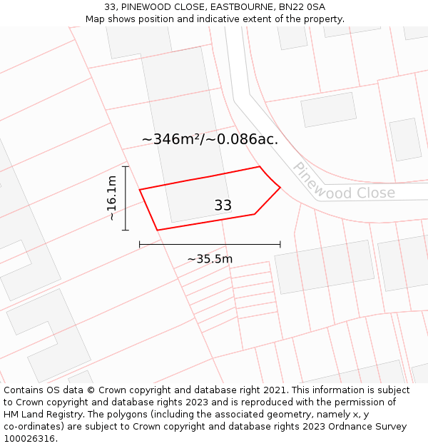 33, PINEWOOD CLOSE, EASTBOURNE, BN22 0SA: Plot and title map