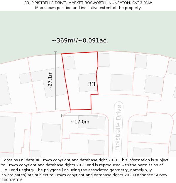 33, PIPISTRELLE DRIVE, MARKET BOSWORTH, NUNEATON, CV13 0NW: Plot and title map