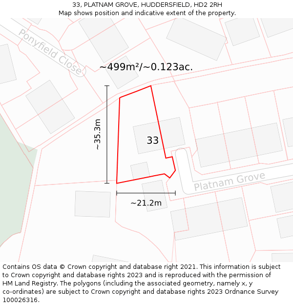33, PLATNAM GROVE, HUDDERSFIELD, HD2 2RH: Plot and title map