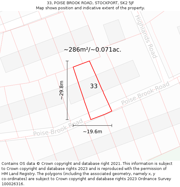 33, POISE BROOK ROAD, STOCKPORT, SK2 5JF: Plot and title map