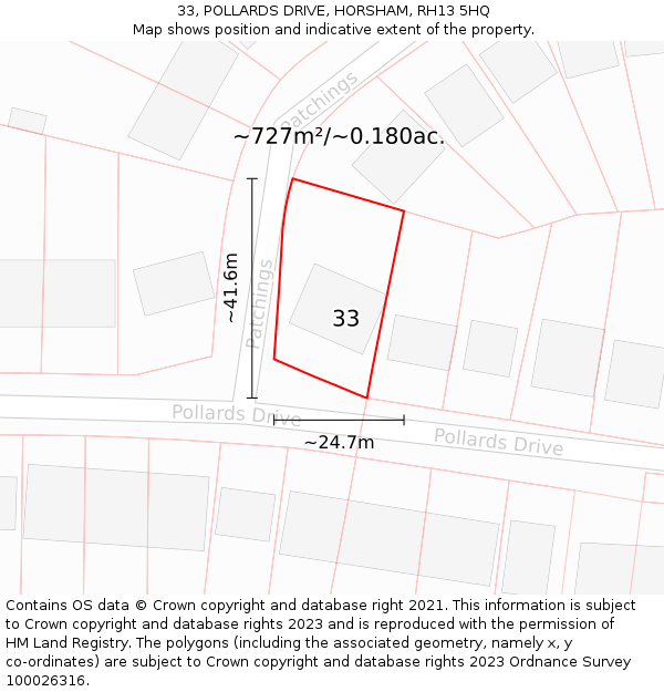 33, POLLARDS DRIVE, HORSHAM, RH13 5HQ: Plot and title map