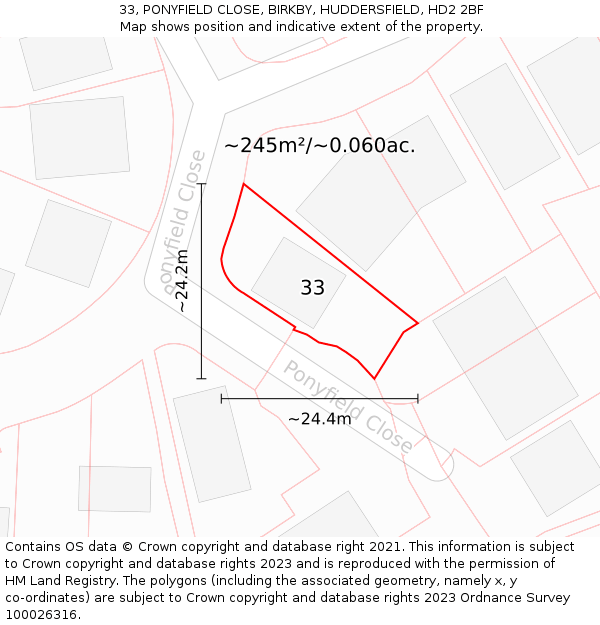 33, PONYFIELD CLOSE, BIRKBY, HUDDERSFIELD, HD2 2BF: Plot and title map