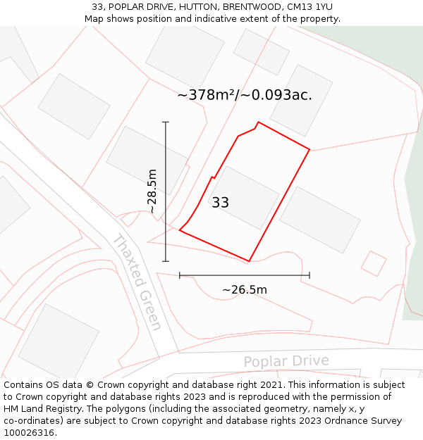 33, POPLAR DRIVE, HUTTON, BRENTWOOD, CM13 1YU: Plot and title map