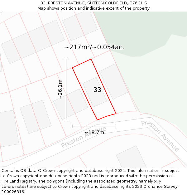 33, PRESTON AVENUE, SUTTON COLDFIELD, B76 1HS: Plot and title map