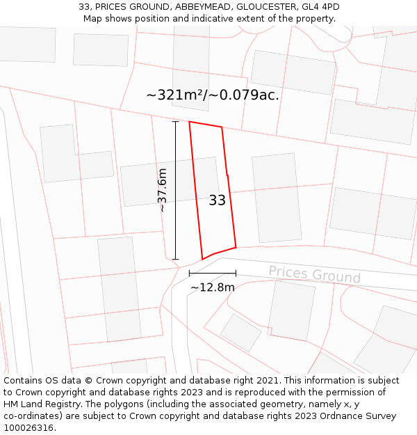 33, PRICES GROUND, ABBEYMEAD, GLOUCESTER, GL4 4PD: Plot and title map