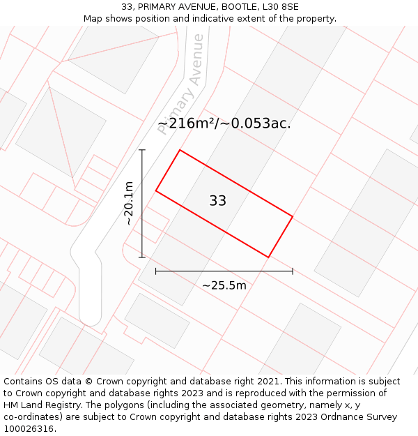 33, PRIMARY AVENUE, BOOTLE, L30 8SE: Plot and title map