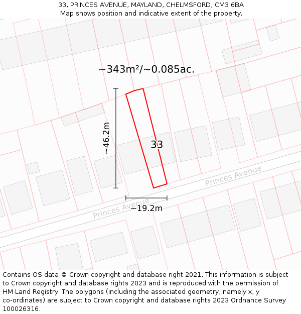 33, PRINCES AVENUE, MAYLAND, CHELMSFORD, CM3 6BA: Plot and title map