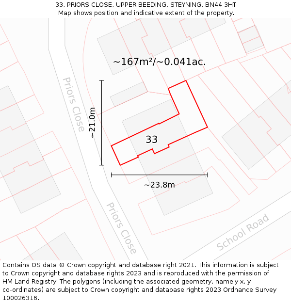 33, PRIORS CLOSE, UPPER BEEDING, STEYNING, BN44 3HT: Plot and title map