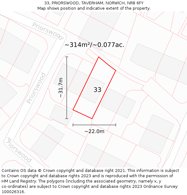 33, PRIORSWOOD, TAVERHAM, NORWICH, NR8 6FY: Plot and title map