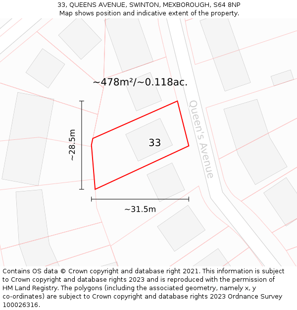 33, QUEENS AVENUE, SWINTON, MEXBOROUGH, S64 8NP: Plot and title map