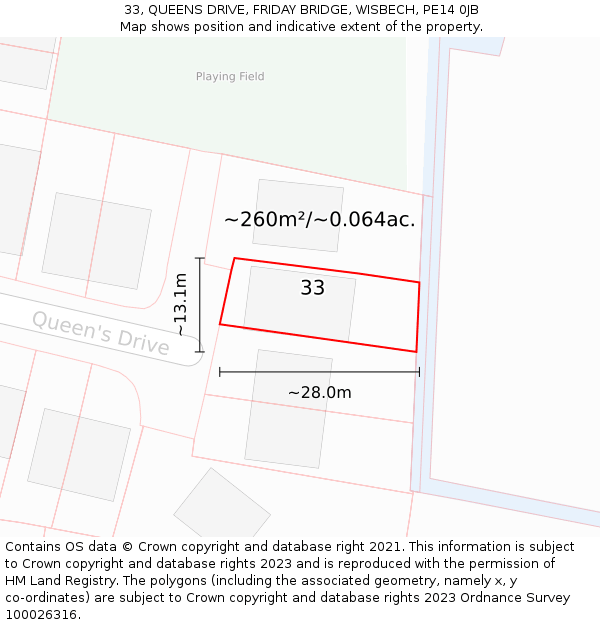 33, QUEENS DRIVE, FRIDAY BRIDGE, WISBECH, PE14 0JB: Plot and title map