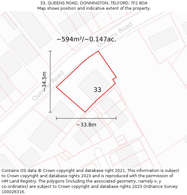 33, QUEENS ROAD, DONNINGTON, TELFORD, TF2 8DA: Plot and title map
