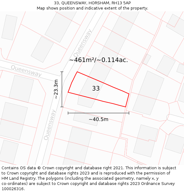 33, QUEENSWAY, HORSHAM, RH13 5AP: Plot and title map