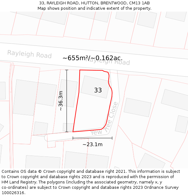 33, RAYLEIGH ROAD, HUTTON, BRENTWOOD, CM13 1AB: Plot and title map