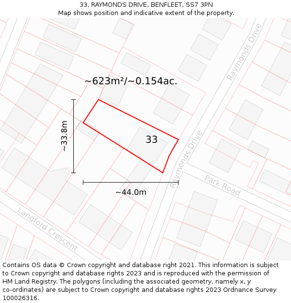 33, RAYMONDS DRIVE, BENFLEET, SS7 3PN: Plot and title map