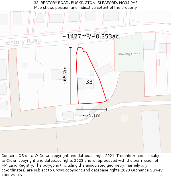 33, RECTORY ROAD, RUSKINGTON, SLEAFORD, NG34 9AE: Plot and title map