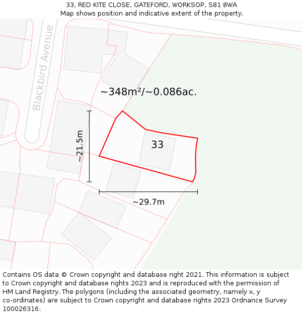 33, RED KITE CLOSE, GATEFORD, WORKSOP, S81 8WA: Plot and title map